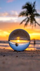 A crystal ball captures a sunset over the beach