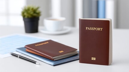 Desk setup featuring passports, notebooks, and a coffee cup, ideal for travel planning. Cross Cultural Business