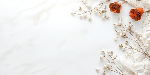 A serene arrangement of delicate flowers and lace on a smooth surface, creating an elegant and inviting aesthetic.