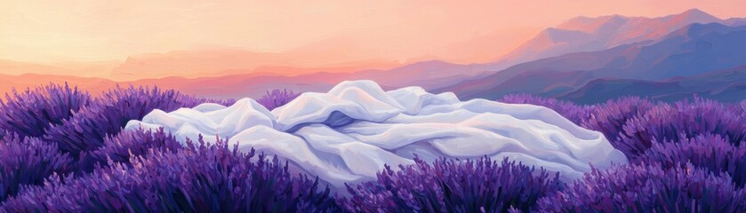A serene sunrise over a vibrant purple field and a snow-covered peak in the distance.