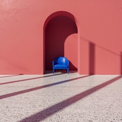 Modern Blue Chair with Terrazzo Floor and Sunlight Shadows