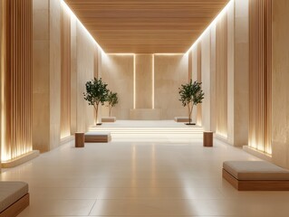 A serene modern interior with wooden accents and plants, creating a tranquil atmosphere.