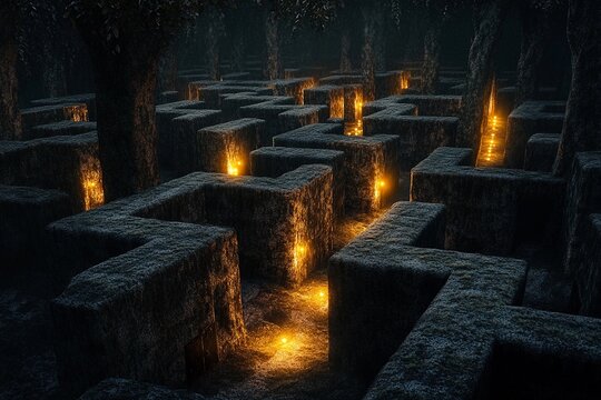 Intricate labyrinth illuminated by warm glow in dark surroundings