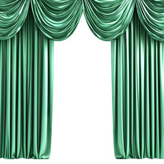 Elegant green velvet stage curtains with rich drapery, isolated on transparent cutout background