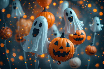 Fototapeta premium ia generated. Halloween Decorations. Halloween party balloons shaped like ghosts and pumpkins, soft focus background 