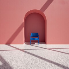 Blue Chair in Salmon Pink Alcove Minimal Interior