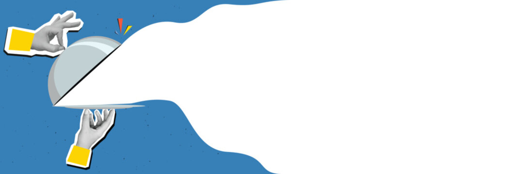 Black and white hands remove the lid from restaurant serving of dish with cloche with a place for text. Modern collage style. Vector illustration