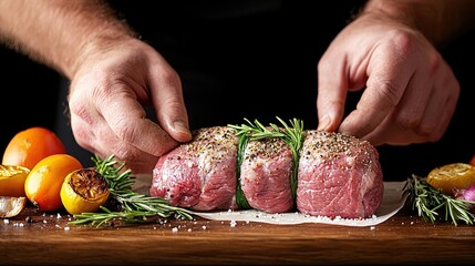 A chef expertly prepares a seasoned beef roast, garnished with fresh herbs and accompanied by vibrant citrus fruits.