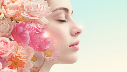 Woman Face with Flowers Close Up Beauty Portrait
