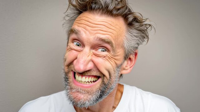 Man with tousled hair and beard transitions from a puzzled expression to a broad smile, showcasing a joyful emotional progression in a neutral setting with soft background tones