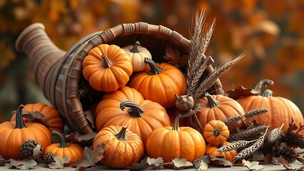 Cornucopia overflowing with pumpkins, gourds, and wheat stalks, embodying an elegant harvest theme.