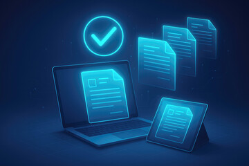 Digital Documents and Check Mark on Laptop and Tablet Screens file paper