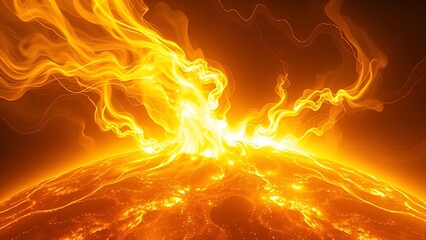 Abstract solar surface erupting in color-shifting plasma tendrils from yellow to white.