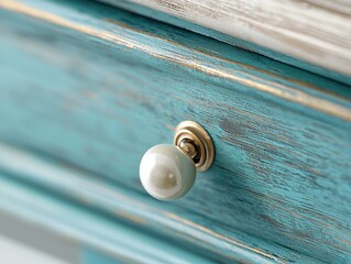A close-up of a decorative drawer knob on a teal-painted wooden surface, showcasing a vintage style with a pearl-like finish.