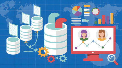 Illustration of data processing with databases, charts, and user profiles on a monitor screen