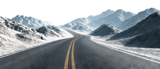 Winding road through snowy mountain peaks, isolated on transparent cutout background