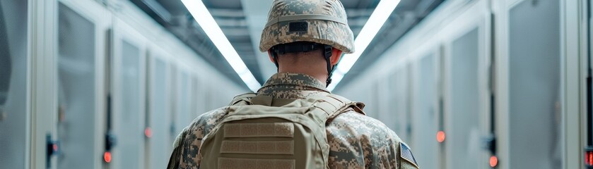 A soldier stands in a modern facility, embodying dedication and duty to service.