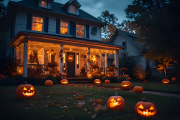Obraz premium ia generated. Halloween Decorations. Wide shot of a suburban house front yard decorated with carved pumpkins, cobwebs, and glowing lanterns, dusk blue hour 