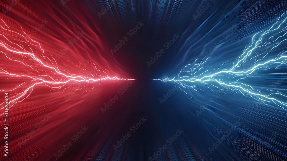 Wall mural the image showcases a dynamic clash of energy with red lightning-like streaks emanating from the lef