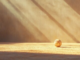 A solitary ball rests on a sandy floor, illuminated by soft, golden rays of light.