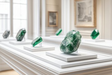 A stunning display of green crystals showcased on elegant white pedestals in a well-lit gallery, highlighting their natural beauty and intricate details.