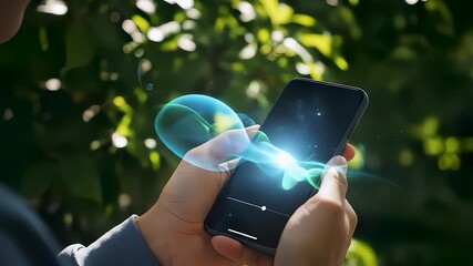 A person uses a digital detox app with an abstract interface on a smartphone in a natural outdoor setting, illustrating mental wellness, disconnection, and escape from technology. - Powered by Adobe