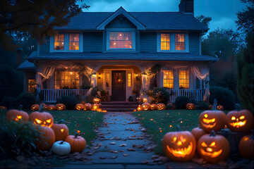 ia generated. Halloween Decorations. Wide shot of a suburban house front yard decorated with carved pumpkins, cobwebs, and glowing lanterns, dusk blue hour
