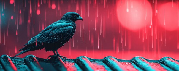 A solitary bird perched on a rooftop, surrounded by vibrant raindrops and colors.