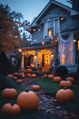 ia generated. Halloween Decorations. Wide shot of a suburban house front yard decorated with carved pumpkins, cobwebs, and glowing lanterns, dusk blue hour
