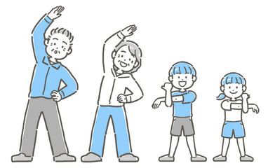 ストレッチ（柔軟）をするシニア夫婦と男の子と女の子