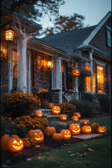 ia generated. Halloween Decorations. Wide shot of a suburban house front yard decorated with carved pumpkins, cobwebs, and glowing lanterns, dusk blue hour
