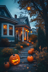ia generated. Halloween Decorations. Wide shot of a suburban house front yard decorated with carved pumpkins, cobwebs, and glowing lanterns, dusk blue hour
