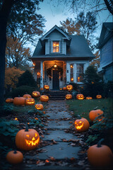 ia generated. Halloween Decorations. Wide shot of a suburban house front yard decorated with carved pumpkins, cobwebs, and glowing lanterns, dusk blue hour
