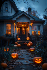 ia generated. Halloween Decorations. Wide shot of a suburban house front yard decorated with carved pumpkins, cobwebs, and glowing lanterns, dusk blue hour
