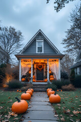 ia generated. Halloween Decorations. Wide shot of a suburban house front yard decorated with carved pumpkins, cobwebs, and glowing lanterns, dusk blue hour
