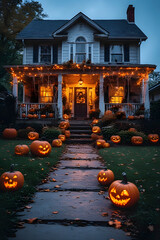 ia generated. Halloween Decorations. Wide shot of a suburban house front yard decorated with carved pumpkins, cobwebs, and glowing lanterns, dusk blue hour
