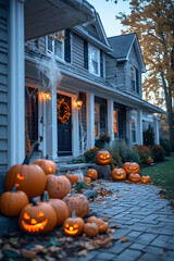 ia generated. Halloween Decorations. Wide shot of a suburban house front yard decorated with carved pumpkins, cobwebs, and glowing lanterns, dusk blue hour
