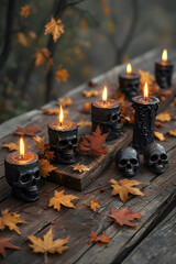 ia generated. Halloween Decorations. Rustic wooden table with burning black candles, skull ornaments, and autumn leaves, photorealistic
