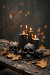 ia generated. Halloween Decorations. Rustic wooden table with burning black candles, skull ornaments, and autumn leaves, photorealistic
