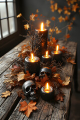 ia generated. Halloween Decorations. Rustic wooden table with burning black candles, skull ornaments, and autumn leaves, photorealistic
