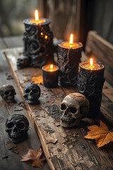 ia generated. Halloween Decorations. Rustic wooden table with burning black candles, skull ornaments, and autumn leaves, photorealistic
