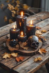 ia generated. Halloween Decorations. Rustic wooden table with burning black candles, skull ornaments, and autumn leaves, photorealistic
