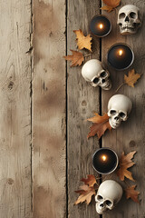 ia generated. Halloween Decorations. Rustic wooden table with burning black candles, skull ornaments, and autumn leaves, photorealistic
