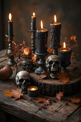 ia generated. Halloween Decorations. Rustic wooden table with burning black candles, skull ornaments, and autumn leaves, photorealistic
