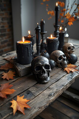 ia generated. Halloween Decorations. Rustic wooden table with burning black candles, skull ornaments, and autumn leaves, photorealistic
