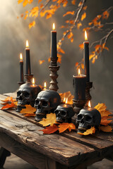 ia generated. Halloween Decorations. Rustic wooden table with burning black candles, skull ornaments, and autumn leaves, photorealistic
