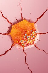 Sweet candy cavity on broken pink background