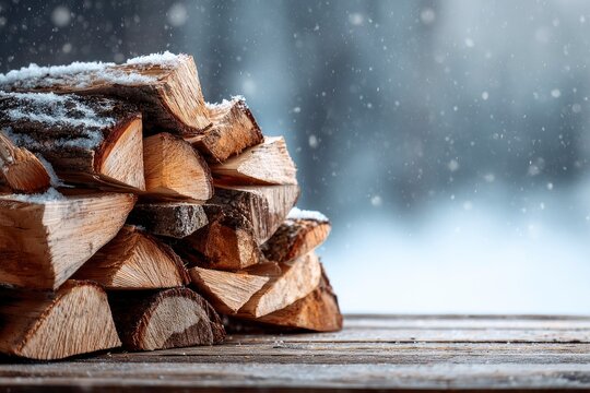 Stacked firewood on weathered wood surface covered in snow under a snowy sky