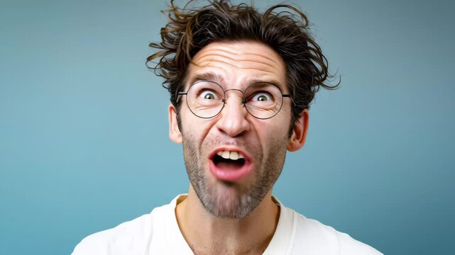 Male with curly hair and glasses expresses a range of emotions from surprise to joy, showcasing a vibrant sequence of facial expressions against a soft blue background, capturing the essence of excite