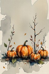 Elegant watercolor with delicate pumpkin outlines. Simple autumn tones with space for text.